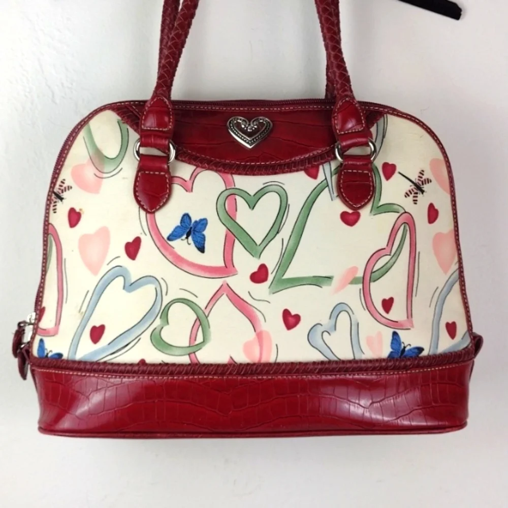 Brighton-esque Whimsical Heart Butterfly Croc-Embossed Leather Trim Purse Bag